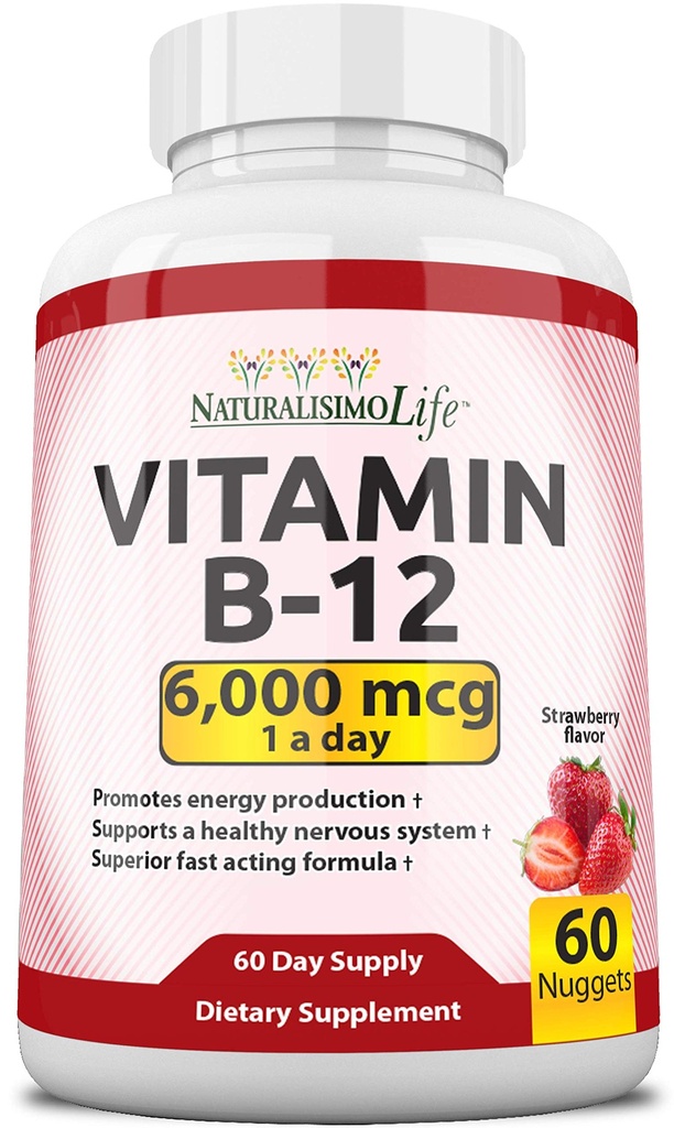 NaturalisimoLife Vitamin B12 6 000 mcg - Snabbupplös jordgubbssmak Nuggets - 60 Nuggets, icke-GMO, Vegan, Gluten Free