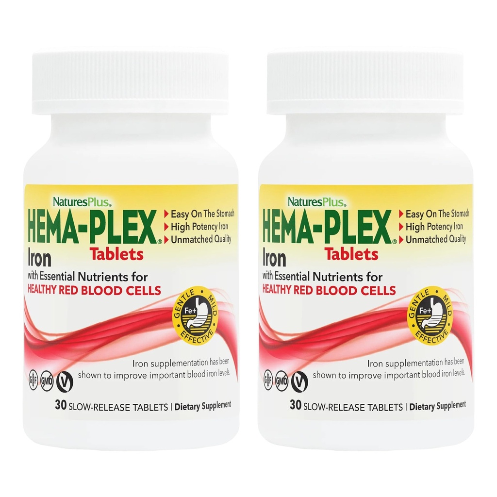 NaturesPlus Hema-Plex Iron - 30 långsam frisättning tabletter, paket med 2 - Totalt blodhälsa - 85 mg chelated Iron - med vitamin C & Bioflavonoider - Non GMO, vegetarian & Gluten Free - 60 Totalt betjäningar