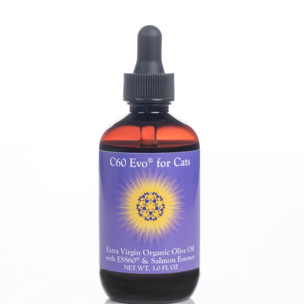 ESS60 Oljeolja för katter - Organisk extra jungfruolja, ren C60 ESS60 (.8 mg / ml) och naturlig lax Essence för att stödja dina katters flexibilitet, energi, immunitet, livslängd - 3 oz