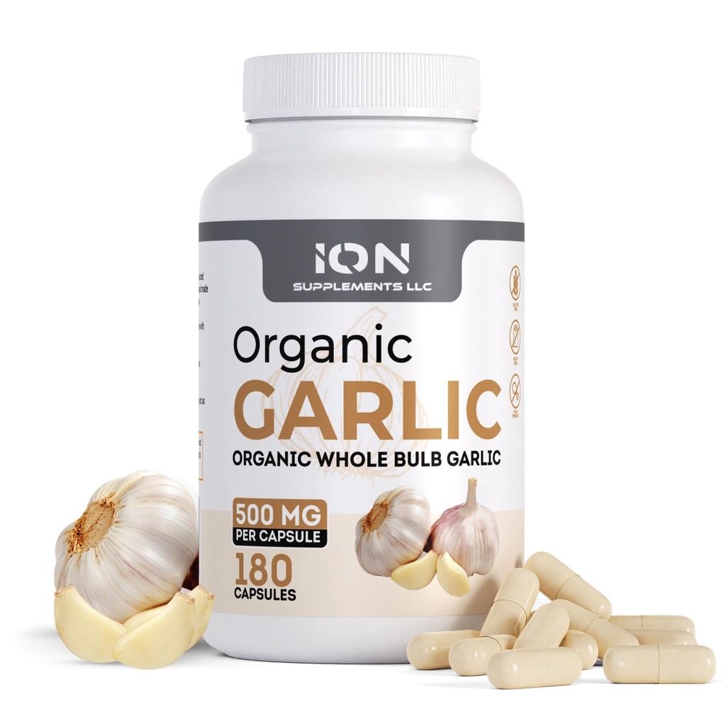 Ion Supplements | Herbal Organic Whole Bulb Garlic Capsules | 500 mg per Cap, 180 Caps | Inga fillers eller flödesagenter | 100% naturliga rötter