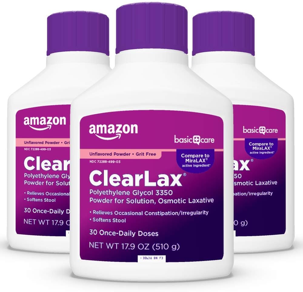 Basic Care ClearLax, Polyetene Glycol 3350 Powder for Solution, Osmotic Laxative, Unflavored, 1,11 pund (Pack of 3)