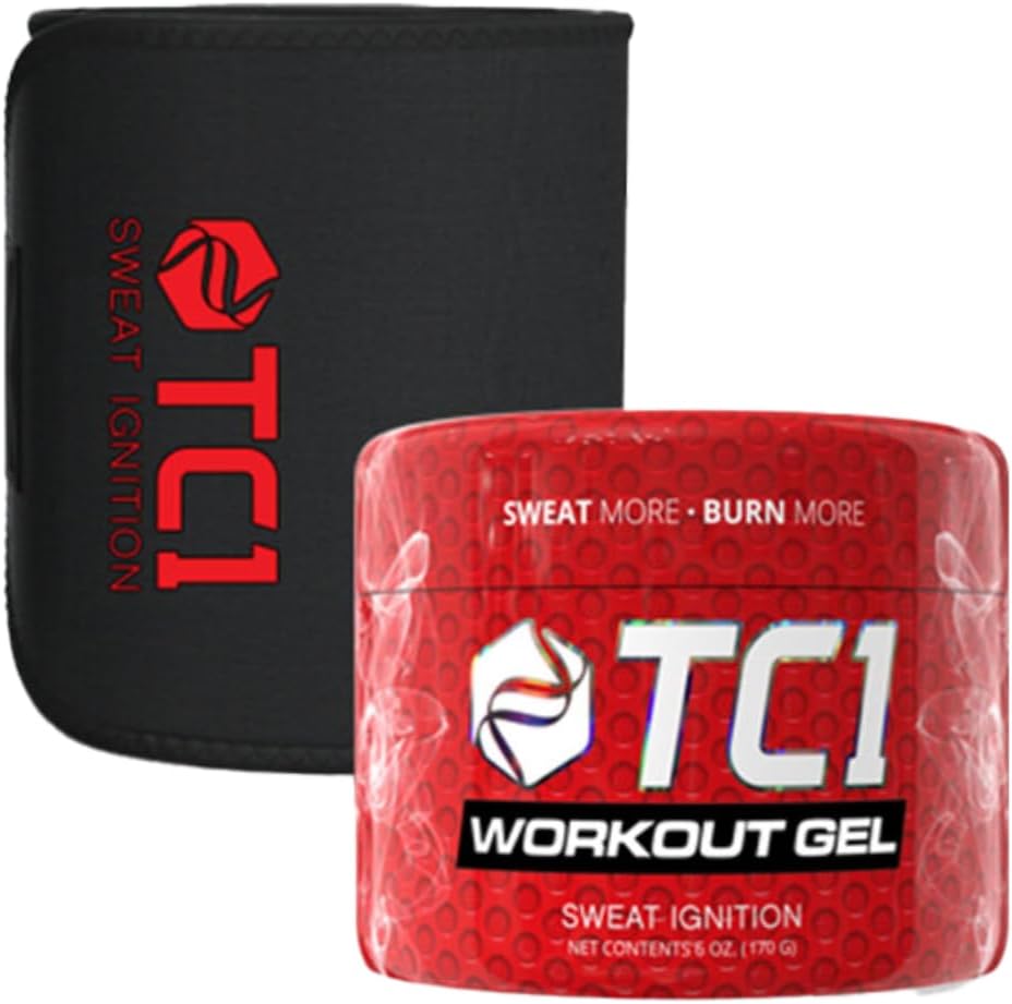 TC1 Sweat More Bundle innehåller regelbunden storlek Sweat Belt och Topical Sweat Gel Workout Enhancer med Capsaicin
