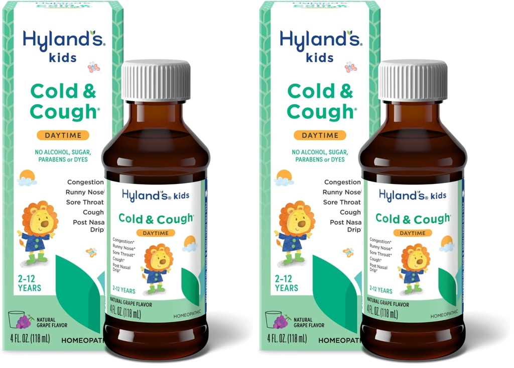 Hylands Naturals Kids Cold & Cough, Daytime Grape Flavor Cough Syrup Medicine for Kids Ages 2+, Decongestant, Sore Throat & Allergy Relief, Natural Treatment for Common Cold Symptoms, 4 Fl Oz
