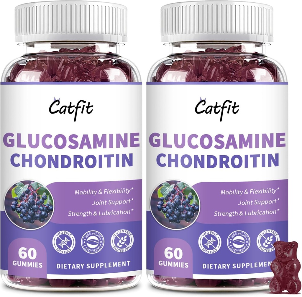 Catfit Glucosamine Chondroitin Gummies,Extra Strength Joint Health Support Supplement med MSM & Elderberry, Antioxidant Immune Support Supplement för vuxna män och kvinnor (2 Pack)