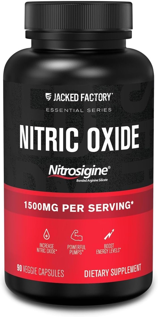 Jacked Factory Essentials Nitric Oxide Booster - Patented Bonded L-Arginine Silicate 1500mg Pre Workout Supplement för muskeltillväxt, pumpar, vaskularitet och energi - 90 Veggie Pills