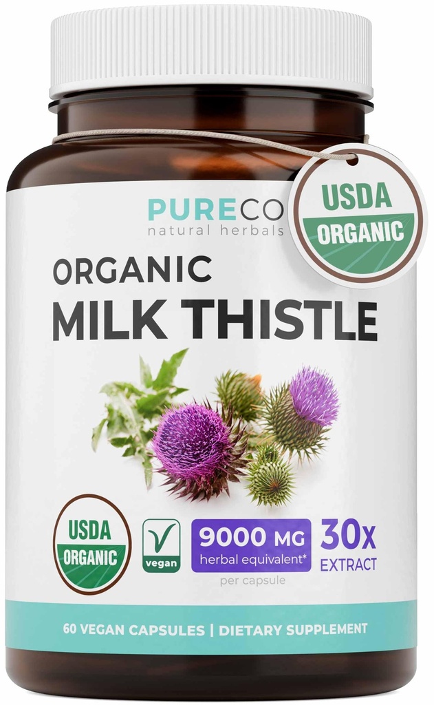 USDA Organic Milk Thistle Capsules - 80% Silymarin Supplement for Liver Support - Super Concentrated 300mg 30:1 Milk Thistle Extract Equivalent till 9,000mg - Milk Thistle Liver Detox 60 Day Supply