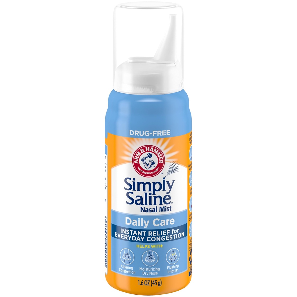 ARM & HAMMER Simply Saline Daily Care Nasal Mist, Drug-Free Non-Drowsy Saline Spray för omedelbar nasal trängsel och allergi lättnad, Använd så ofta som behövs, lämplig att använda om gravid, 1,6 oz