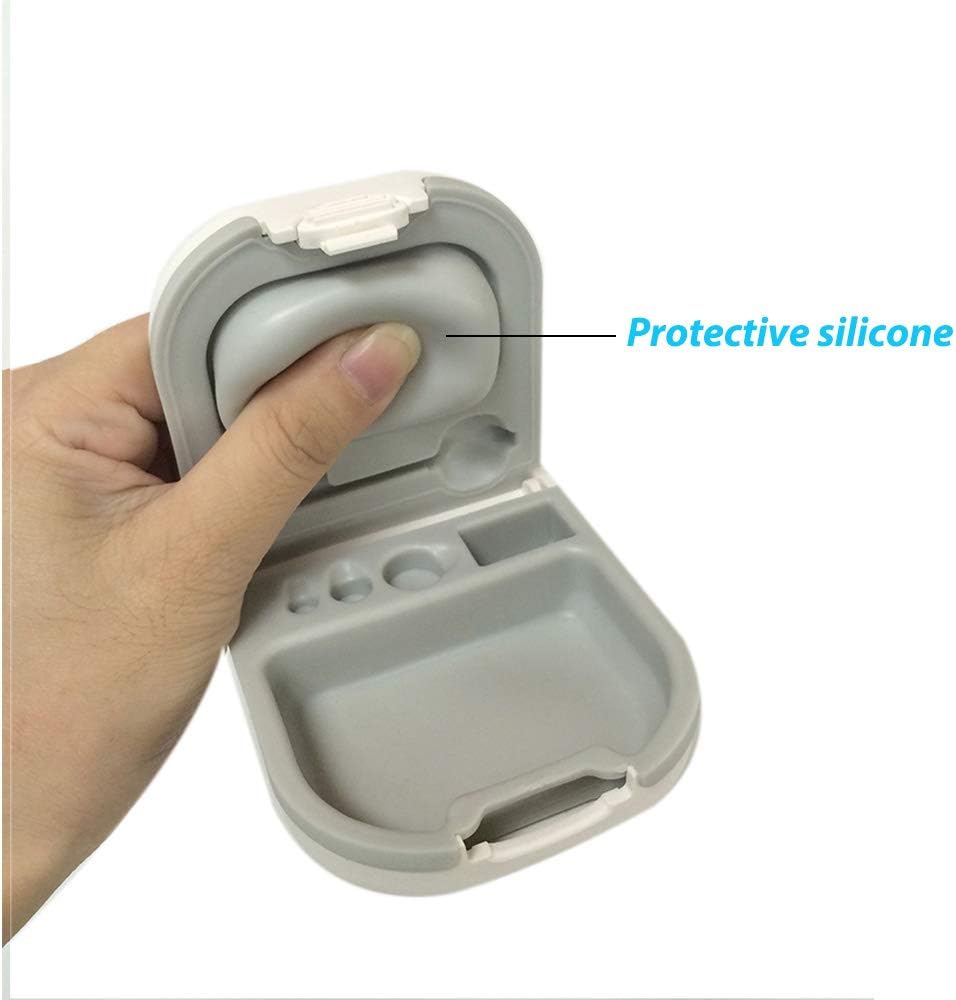 Hearing Aid Case med batterilagring Slot Hard Small 0.59 "*2.44"*1.57", silikonkudde, för ITE, BTE Hearing Aids (vit)