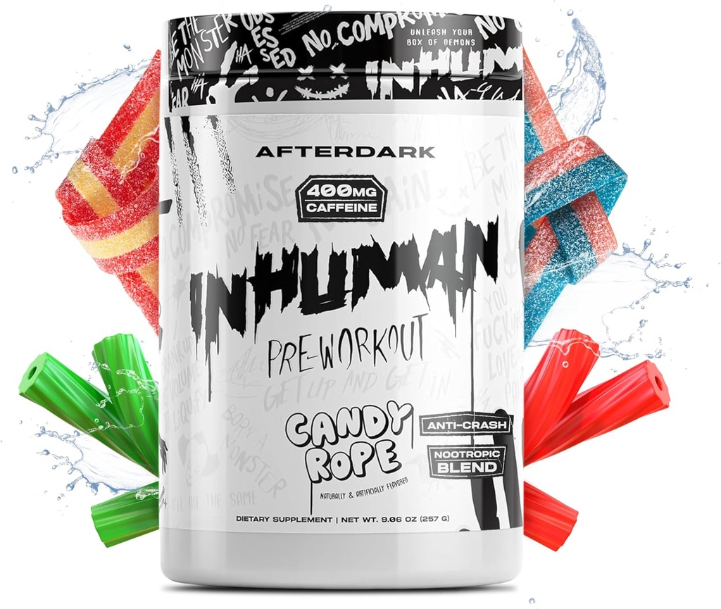 AFTERDARK INHUMAN Pre-Workout Powder, Förbättrad Mind-Muscle Connection, Sustained Energy, Potent Nootropic Blend, Vegan, Gluten-Free, Soy-Free, 400mg Koffein, Ingen Crash, Candy Rope