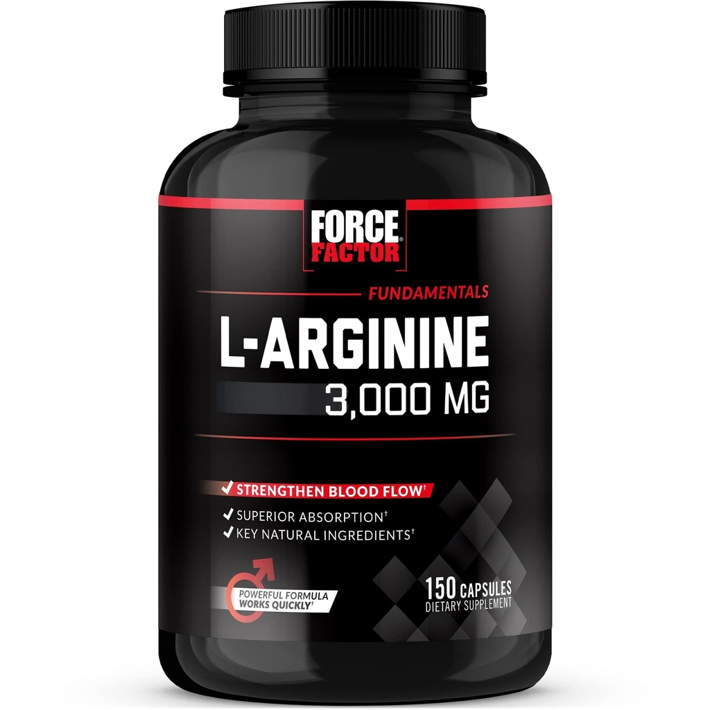 Force Factor L-Arginine Nitric Oxide Supplement med BioPerine för att hjälpa till att bygga muskler och stödja starkare blodflöde, cirkulation, näringsleverans och pumpar, L-arginin 3000mg, 3g, 150 kapslar
