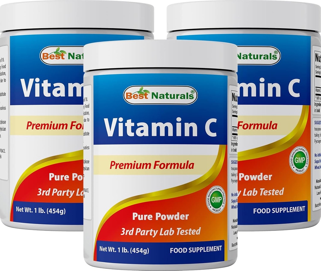 Bästa naturliga 100% Pure Vitamin C Powder Non-GMO 1 lb (454 Grams) Pulver (även kallad askorbinsyra) (1 LB (Pack of 3))