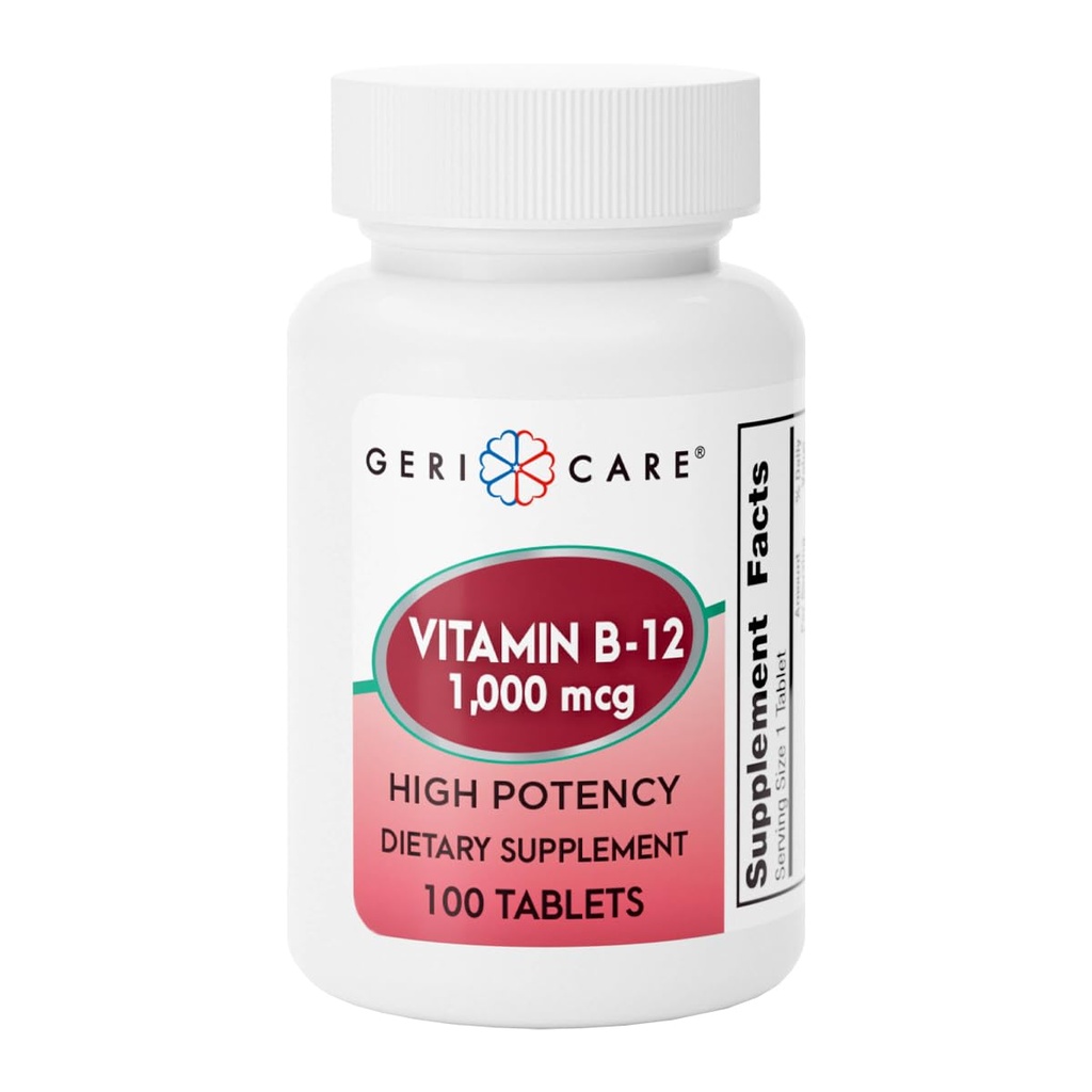 GeriCare Vitamin B-12 1000mcg High Potency Tablets, Premium Dietary Supplement för att öka energi, stödja hjärnhälsa och upprätthålla ett hälsosamt nervsystem 100 greve (1)