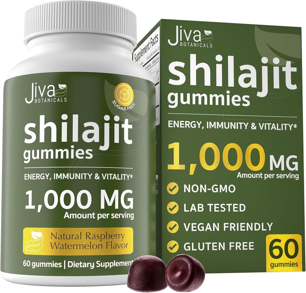 Jiva Botanicals Pure Shilajit från Himalayas Gummies for Men & Women - Shilajit Gummies 1000mg för hälsosam åldrande, immunsystem & Normal Energy Support - Sugar-Free, Vegan, 60 Count (Pack of 1)