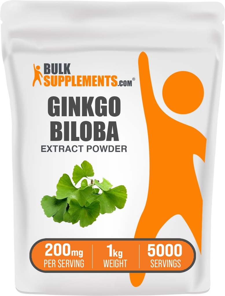 BulkSupplements.com Ginkgo Biloba Extract Powder - från Ginkgo Biloba Leaf, Antioxidant Source, Herbal Supplement - Gluten Free, 200mg per Servering, 1kg (2,2 lbs) (Pack av 1)