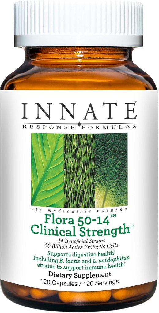 Innate Response Formulas Flora 50-14 Klinisk styrka - Probiotisk komplement med 50 miljarder CFU - 14 Probiotiska stammar - Vegetarisk och icke-GMO - Gjord utan 9 livsmedelsallergener - 120 kapslar