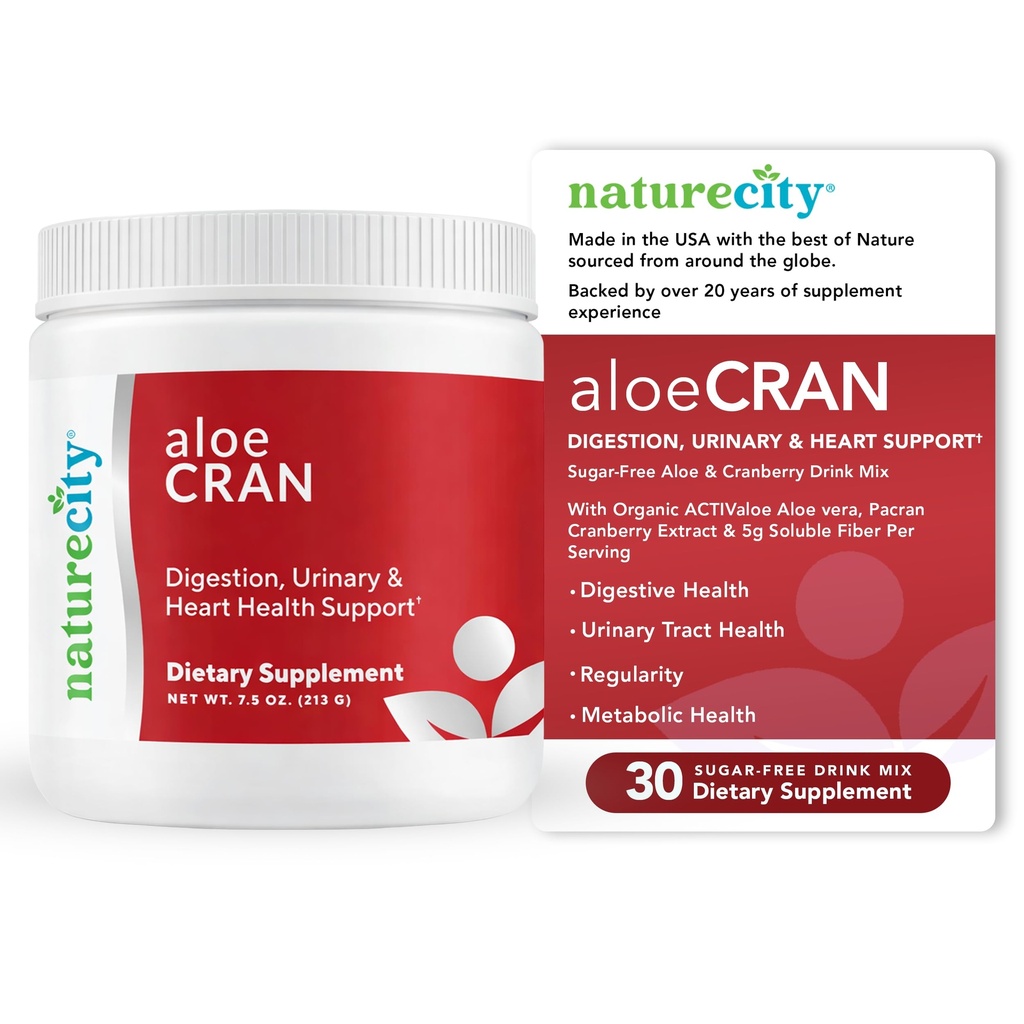 NatureCity AloeCran - Pure Aloe Vera Blend med Cranberry Powder Supplement - Sugar Free Fiber Combo Mix för Digestive and Urinary Health - Gut & Metabolic Health Support - 30 dagars leverans