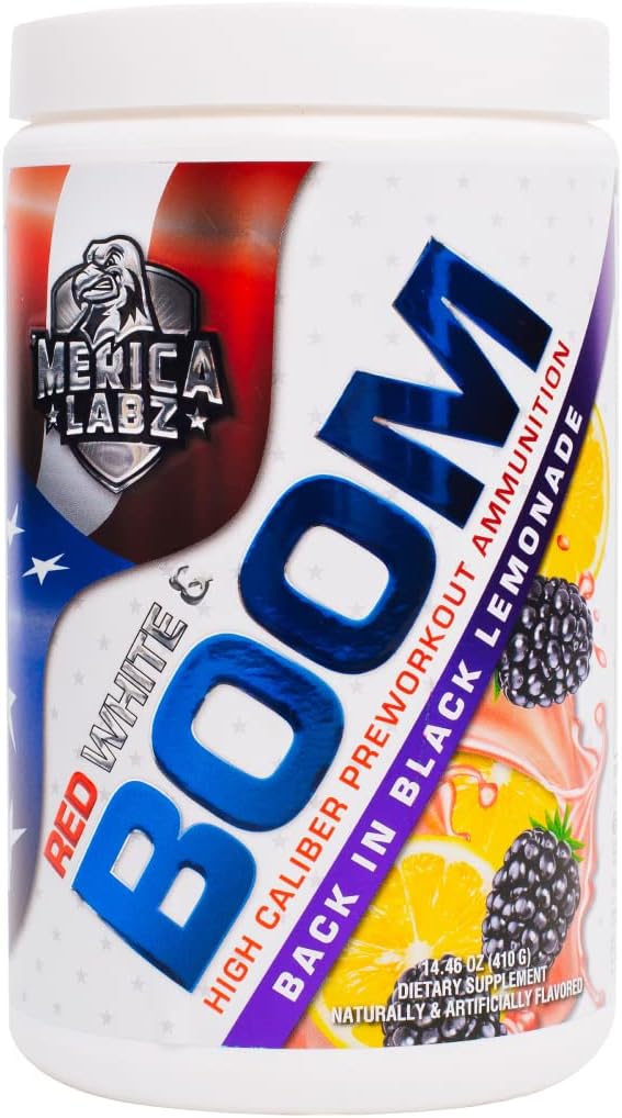 "Merica Labz Red, White och Boom, High Caliber Pre Workout med VasoDrive-AP®, 350mg koffein, Max Energy, Pump och Focus, Ökat blodflöde och muskelvolym, 20 portioner (Back in Black Lemonade)