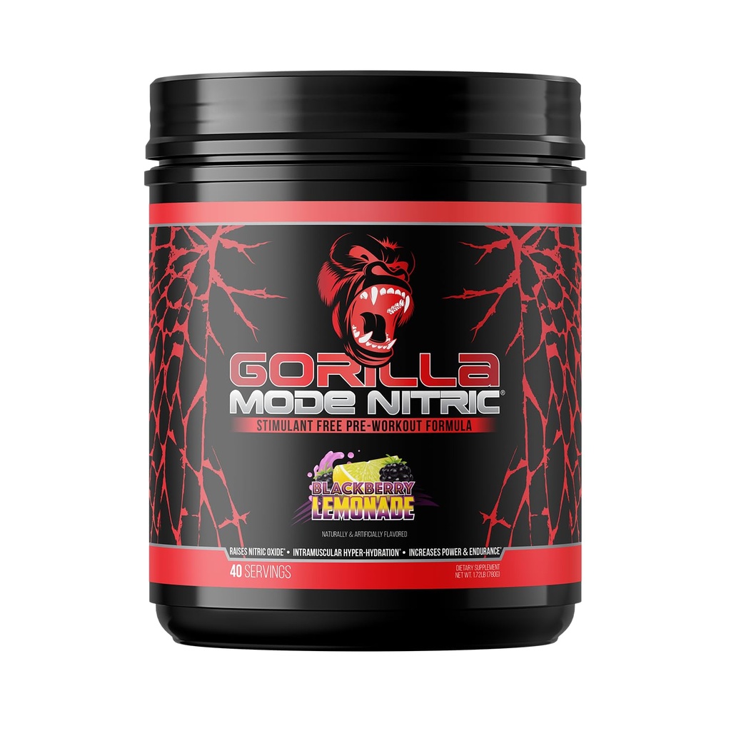 Gorilla Mind - Gorilla Mode Nitric Upgraded Stimulant Free Pre-Workout - Bästa smak och mest effektiva Stimulant Free Pre-Workout /Massive Pump · Vasodilation · Power / 780 Grams (BlackBerry Lemonade)