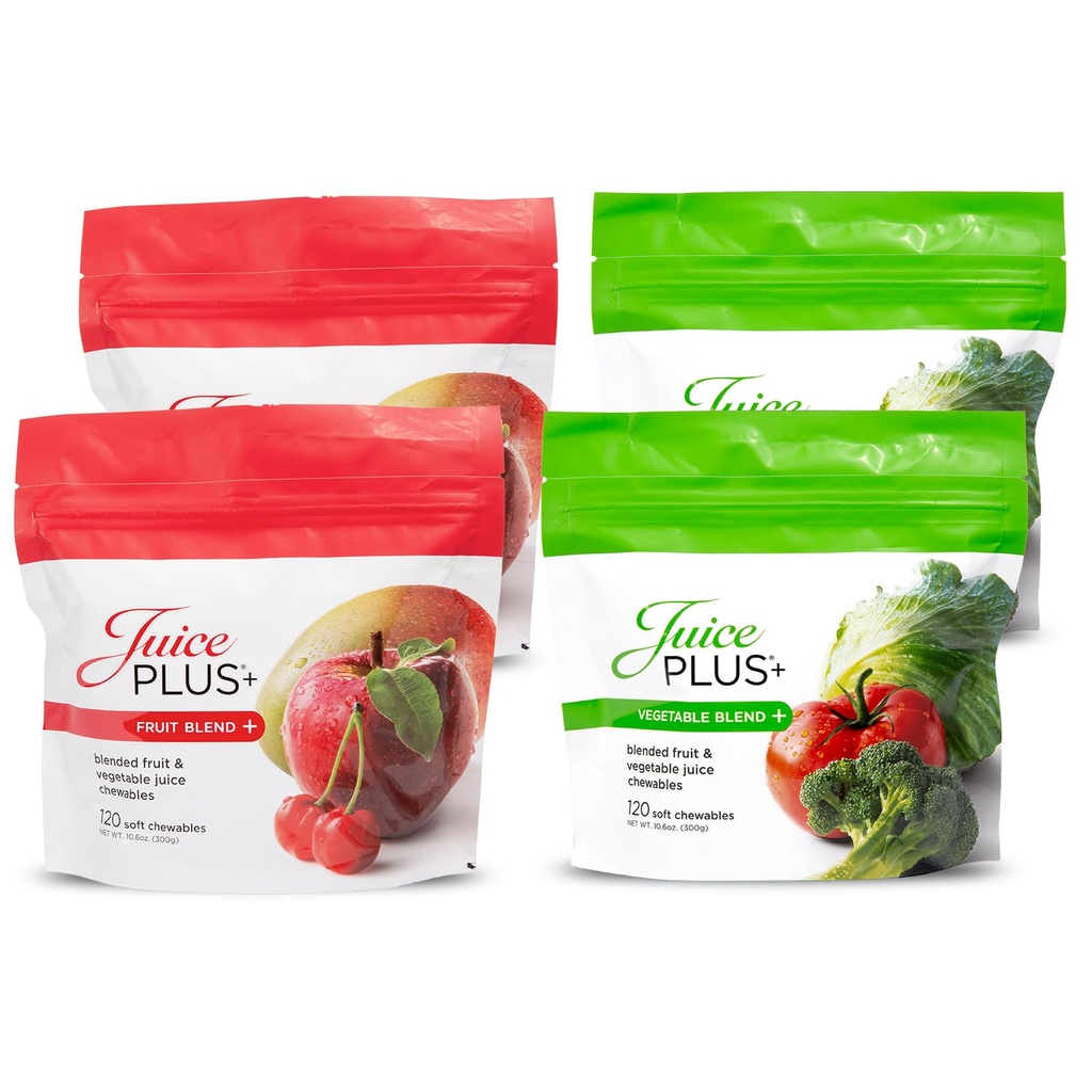 JuicePlus + Fruit & Vegetable Blend Soft Chews - Tasty Vegan Fruit, Veggie Gummy Vitamins för vuxna och barn - 4 månaders leverans 4 förpackningar (2 av varje smak)