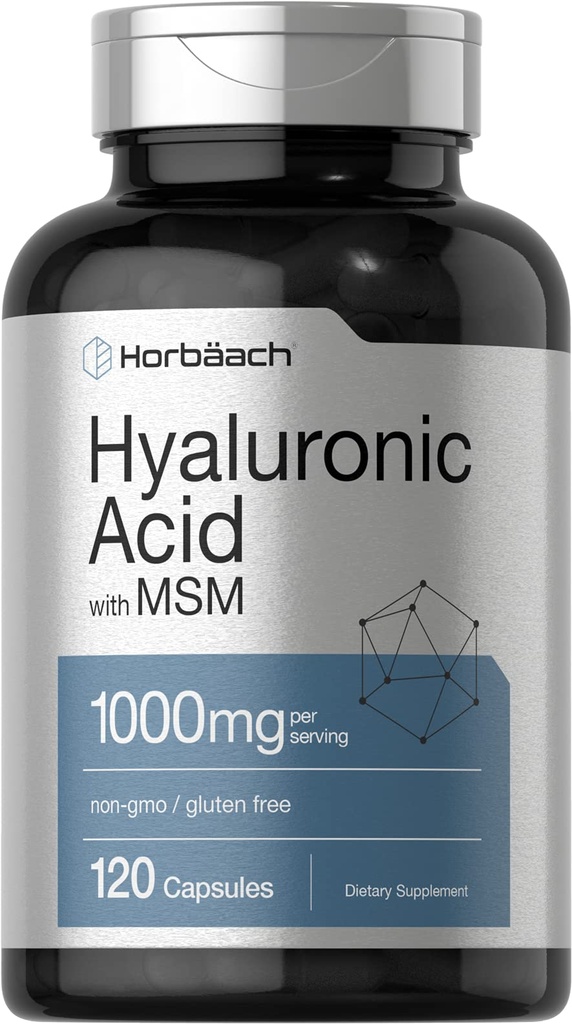 Horbäach Hyaluronsyra med MSM | 1000 mg | 120 kapslar | Non-GMO och Gluten Free Supplement | Biotillgänglig Formel