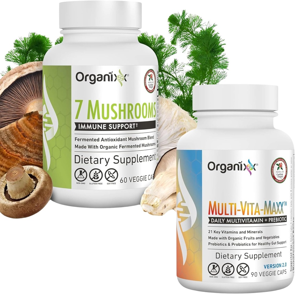 Organixx 7 Mushroom Organic Mushroom Supplement (60 Vegetarian Capsule) & Multi-Vita-Maxx Whole Food Multivitamin (90 Gel Capsules)