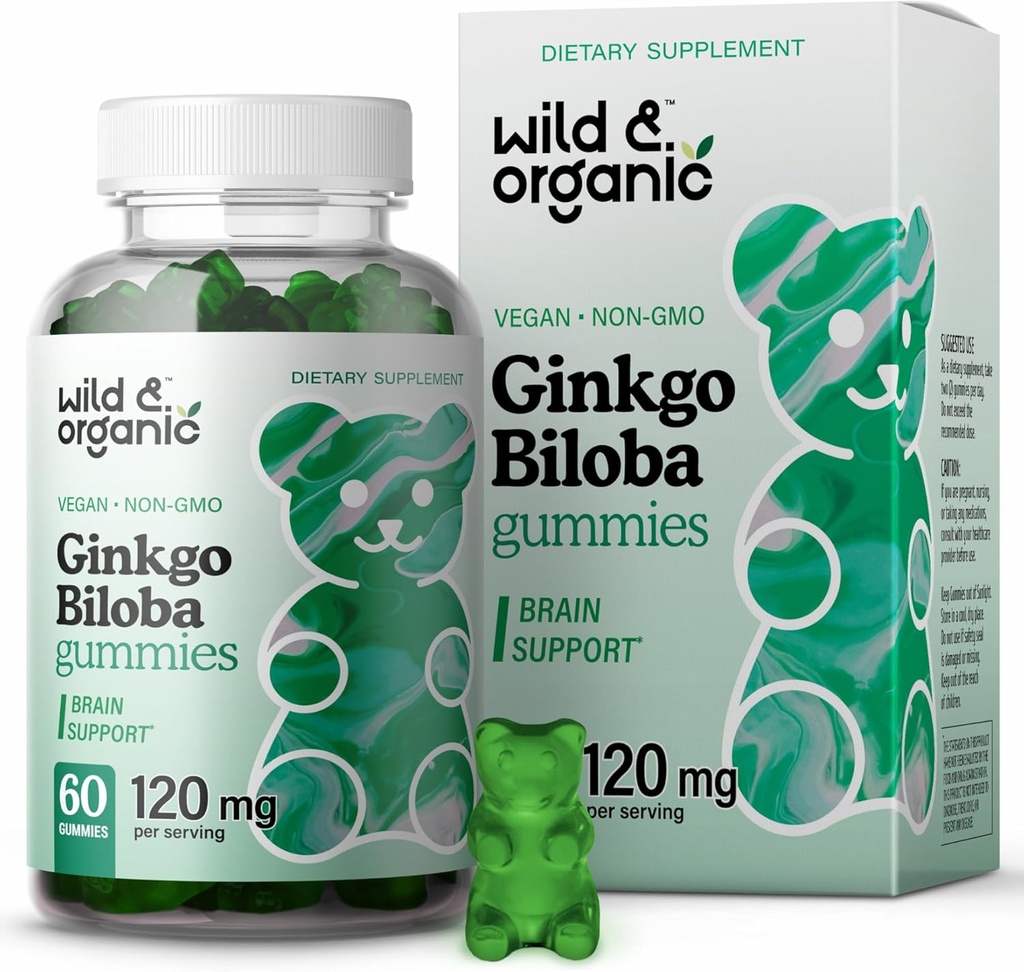 Wild & Organic Gingko Biloba 120mg Gummies - Brain Support och Focus Supplement w / Ginkgo Biloba Extract - Vegan, Non-GMO - 60 Pectin-Based Herbal Chewables
