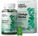 Wild & Organic Gingko Biloba 120mg Gummies - Brain Support och Focus Supplement w / Ginkgo Biloba Extract - Vegan, Non-GMO - 60 Pectin-Based Herbal Chewables