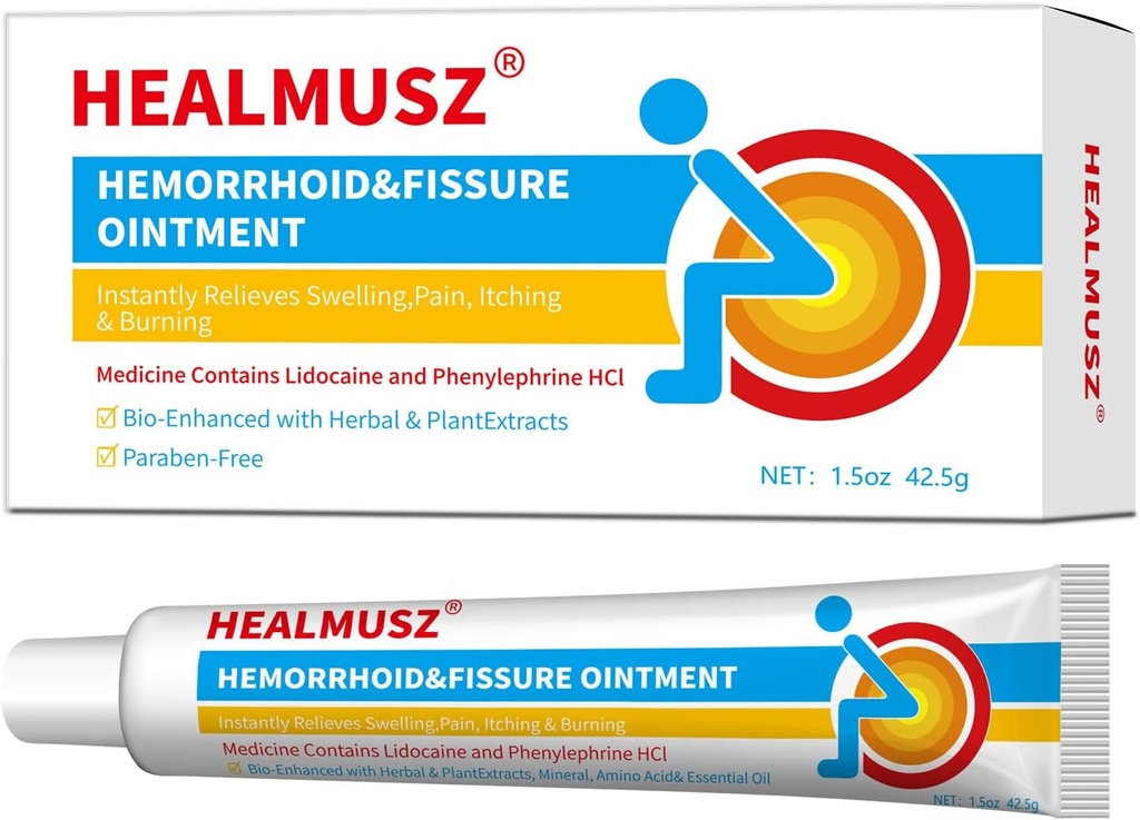 HEALMUSZ Rapid Relief Hemorrhoid Cream with 4% Lidocaine Cream and 0.25% Phenylephrine HCI for Fast Acting Relief of Pain, Swelling, Discomfort and Itching (1.5 oz)