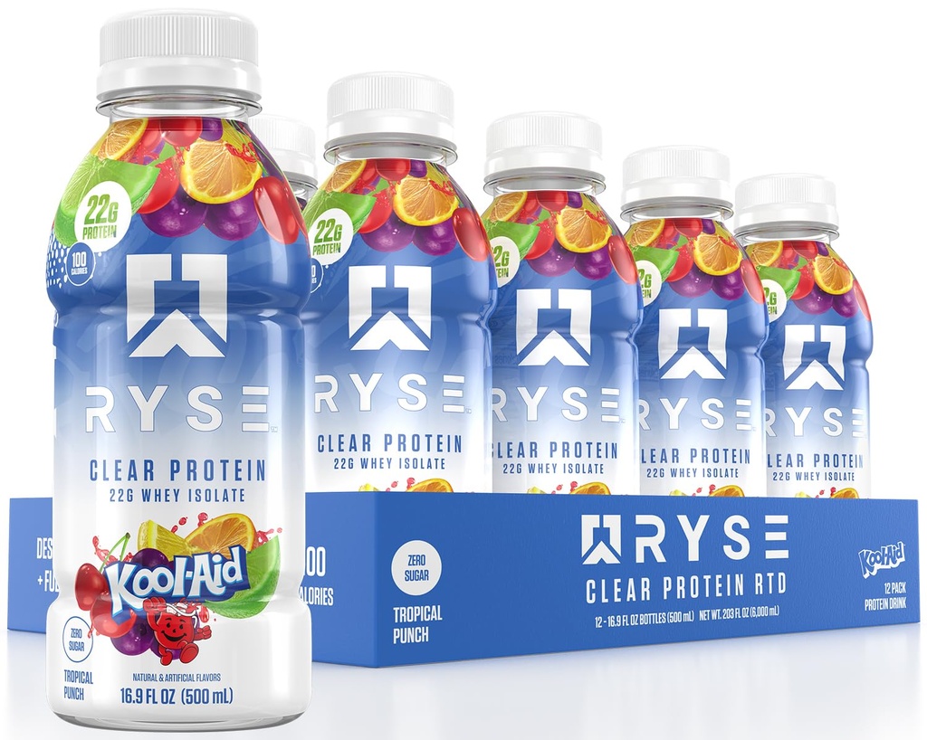 RYSE Clear Protein Drink - Kool-Aid Tropical Punch - 100 kalorier, 22g Whey Isolate Protein Shake, Sugar-Free, 0g Fat & Lactose-Free - Uppfriskande Ready-to-Drink Beverage - 16,9 fl oz Bottles (12-Pack)