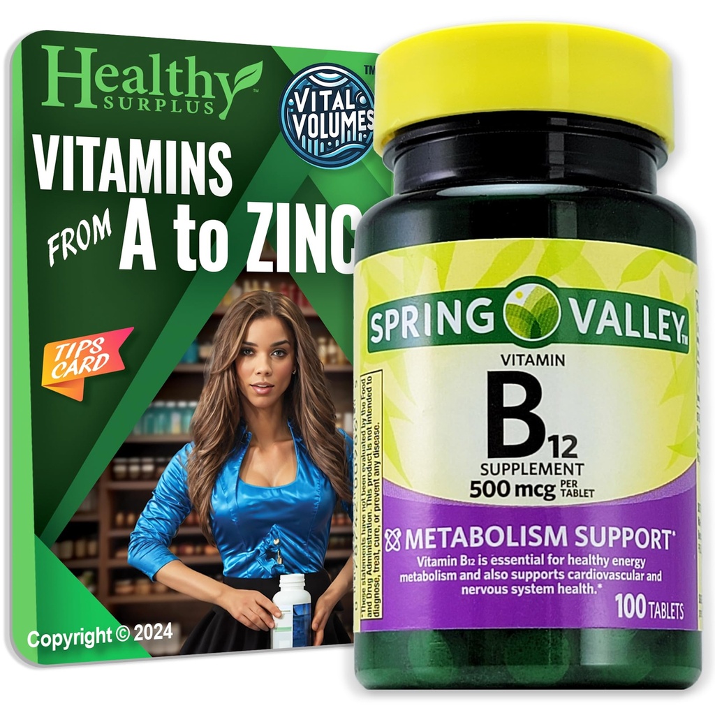 Hälsosamt överskott Vitamin B12 Tabletter 500 mcg 100 tabletter och Vital Volumes Tips Card
