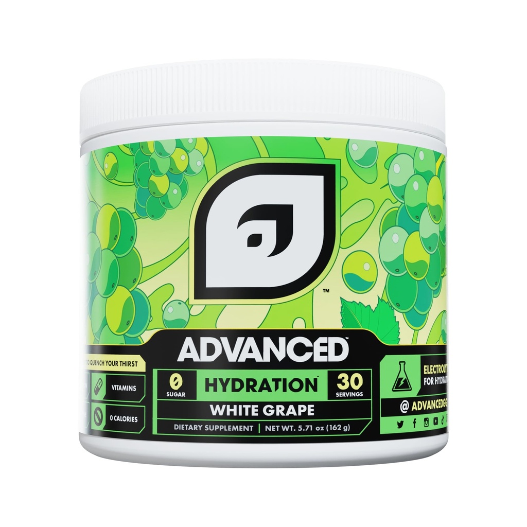 Advanced Hydration High-Performance Electrolyte Drink Mix med B-vitaminer för All-Day Hydration - Koffeinfri, noll kalorier, sockerfri och Keto Friendly - (30 portioner, vit druva)
