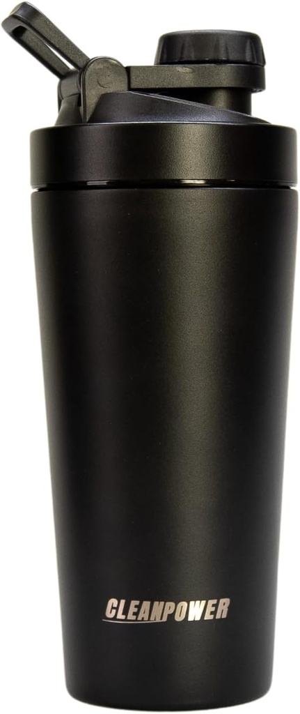 CleanPower Stainless Steel Shaker Bottle | Perfekt för Protein Shakes, Pre-Workout, Smoothies, Coffee, etc. | Odor-Resistant | BPA Free Lid (Matte Black)