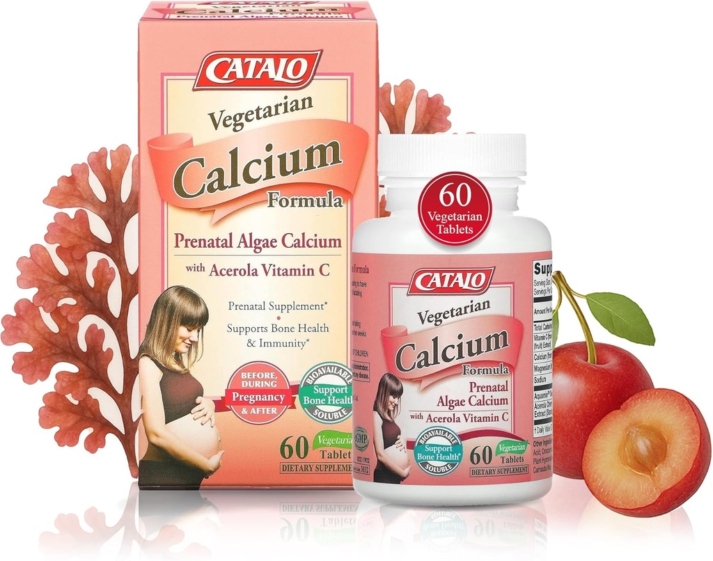 CATALO Vegetarian Calcium Formel, Plant-Based Red Algae Calcium med naturlig vitamin C, Lätt att Digest, Mineral-Rich för Everyday Nutrition, Perfekt för Graviditet och Laktering - 90 tabletter