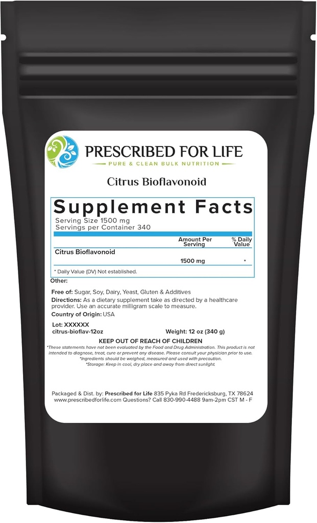 Prescribed For Life Citrus Bioflavonoids Powder, Pure Powdered Flavonoid Complex for Antioxidant, Circulation, & Ear Health Support (Citrus Limonium, Paradisi, Sinensis) (12oz / 340g)