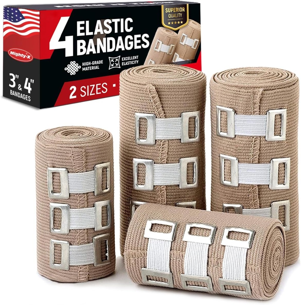 Premium Elastic Bandage Wrap - 4pk (2x3in, 2x4in) + 12 extra klipp - Stark kompression Bandage Wrap för handleder, fotleder, fötter och knän