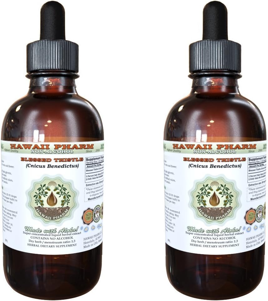 Välsignad Thistle Alcohol-Free Liquid Extract, Organic Blessed Thistle (Cnicus benedictus) Dried Leaf, Organic Stem och Flower Glycerite Hawaii Pharm Natural Herbal Supplement 2x4 oz