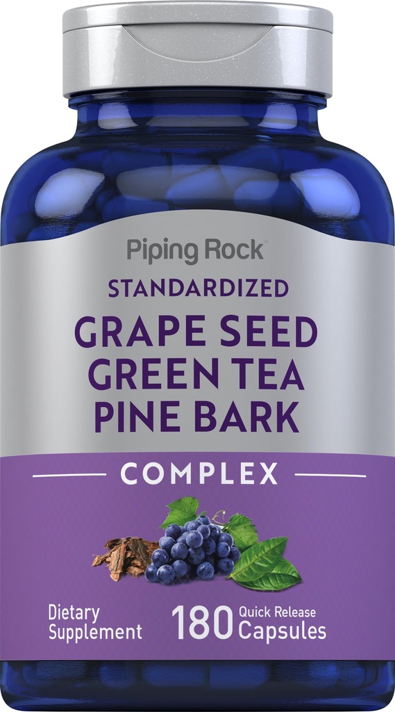 Piping Rock Grape Seed, Green Tea & Pine Bark Complex | 180 kapslar | Standardiserat extrakt | Non GMO, Gluten Free Supplement