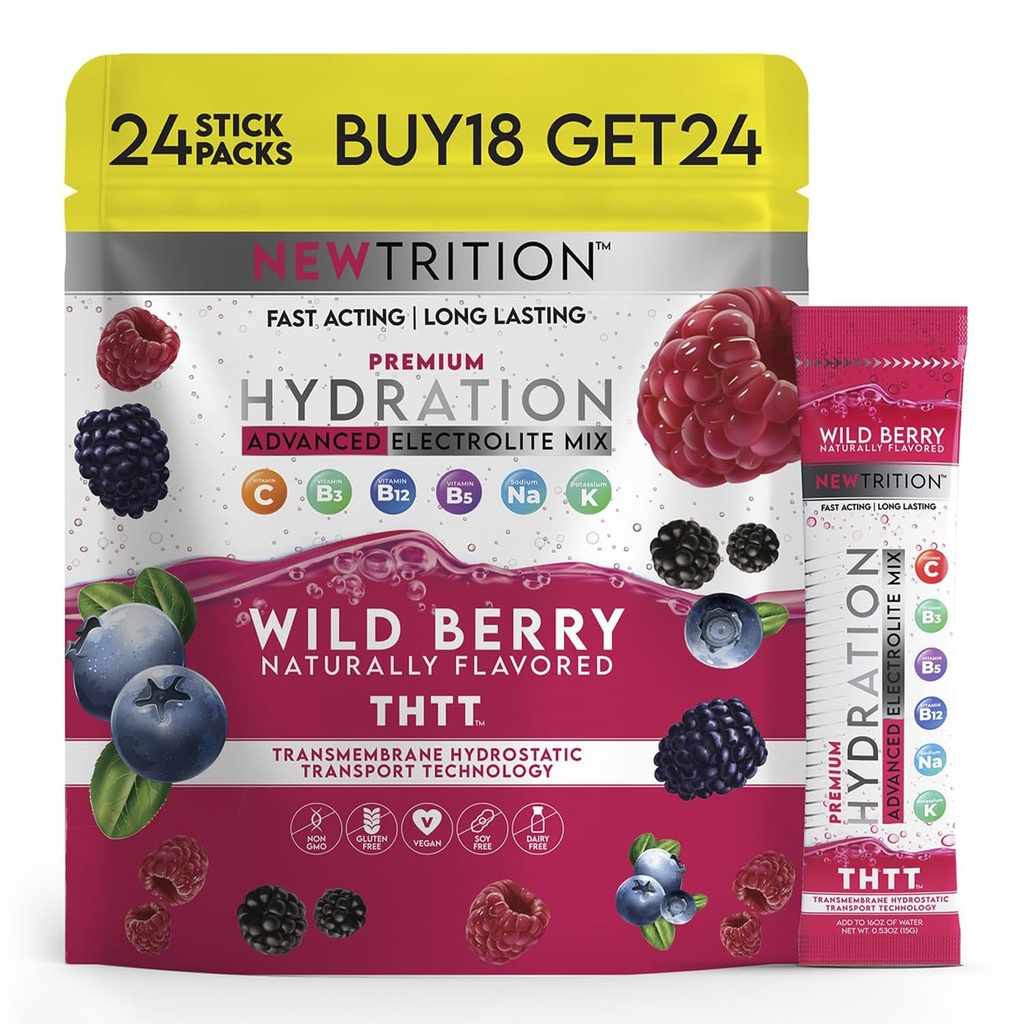 Hydration Powder, Wild Berry Pack med 24 Electrolyte Powder Packets, Naturligt smaksatt Hydrating Packets för vatten, Fast Acting Hydrate Electrolytes med vitamin B & C, Energy & Recovery