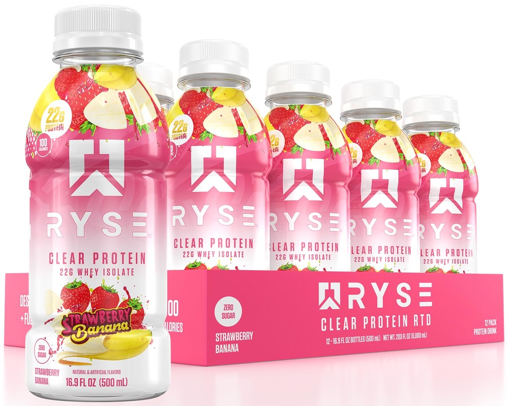 RYSE Clear Protein Drink - Strawberry Banana - 100 kalorier, 22g Whey Isolate Protein Shake, Sugar-Free, 0g Fat & Laktosfri - Uppfriskande Ready-to-Drink Beverage - 16,9 fl oz Bottles (12-Pack)