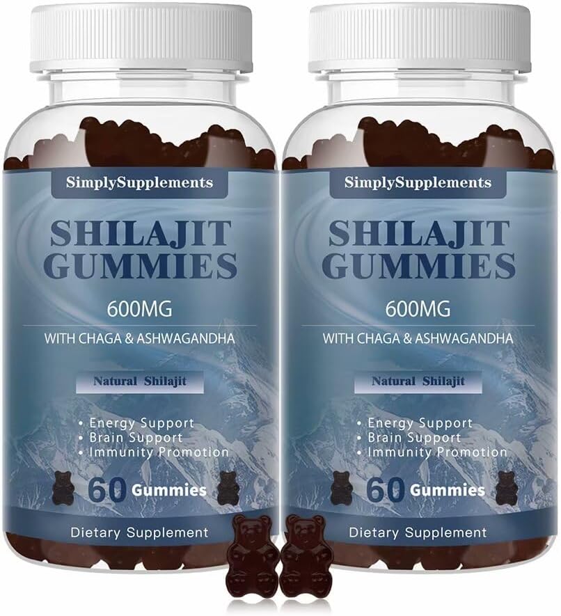 Shilajit Gummies 600mg, Shilajit Supplement med spårmineraler & Fulvic Acid för energi och immunitetsstöd, organisk Shilajit Resin för män och kvinnor, Vegan, 60 Gummies (2 Pack)