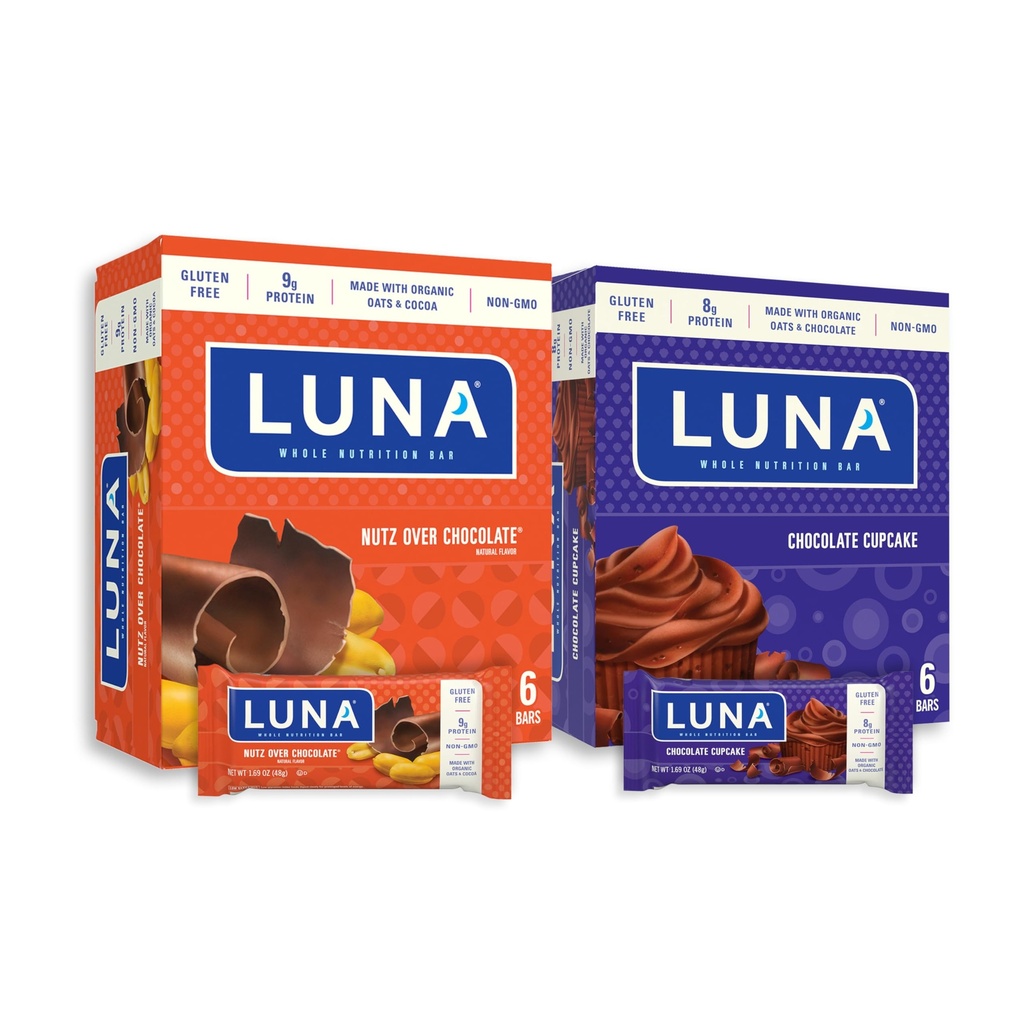 LUNA Bar - Variety Pack - Nutz Over Chocolate och Chocolate Cupcake Flavor - Snack Bars - Non-GMO - Gluten-Free Protein Bars - Tillverkad med organiska havre (12 Pack, 2 lådor)