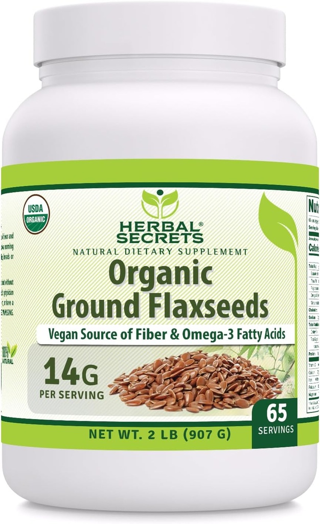 Herbal Secrets USDA Organic Ground Flaxseeds 2 Lbs Powder | 14 Grams Per Servering | 65 portioner | Utmärkt Vegan Källa av Fiber & Omega -3 Fatty Syror | Non-GMO (2 Lb | 1 Pack)