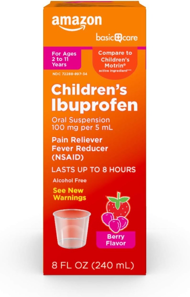 Grundläggande vård Barns Ibuprofen Oral Suspension, 100 mg per 5 ml, smärtstillande och feberreducer, Berry smak, för öm hals, huvudvärkslättnad och mer, 8 fl oz (Pack av 1)