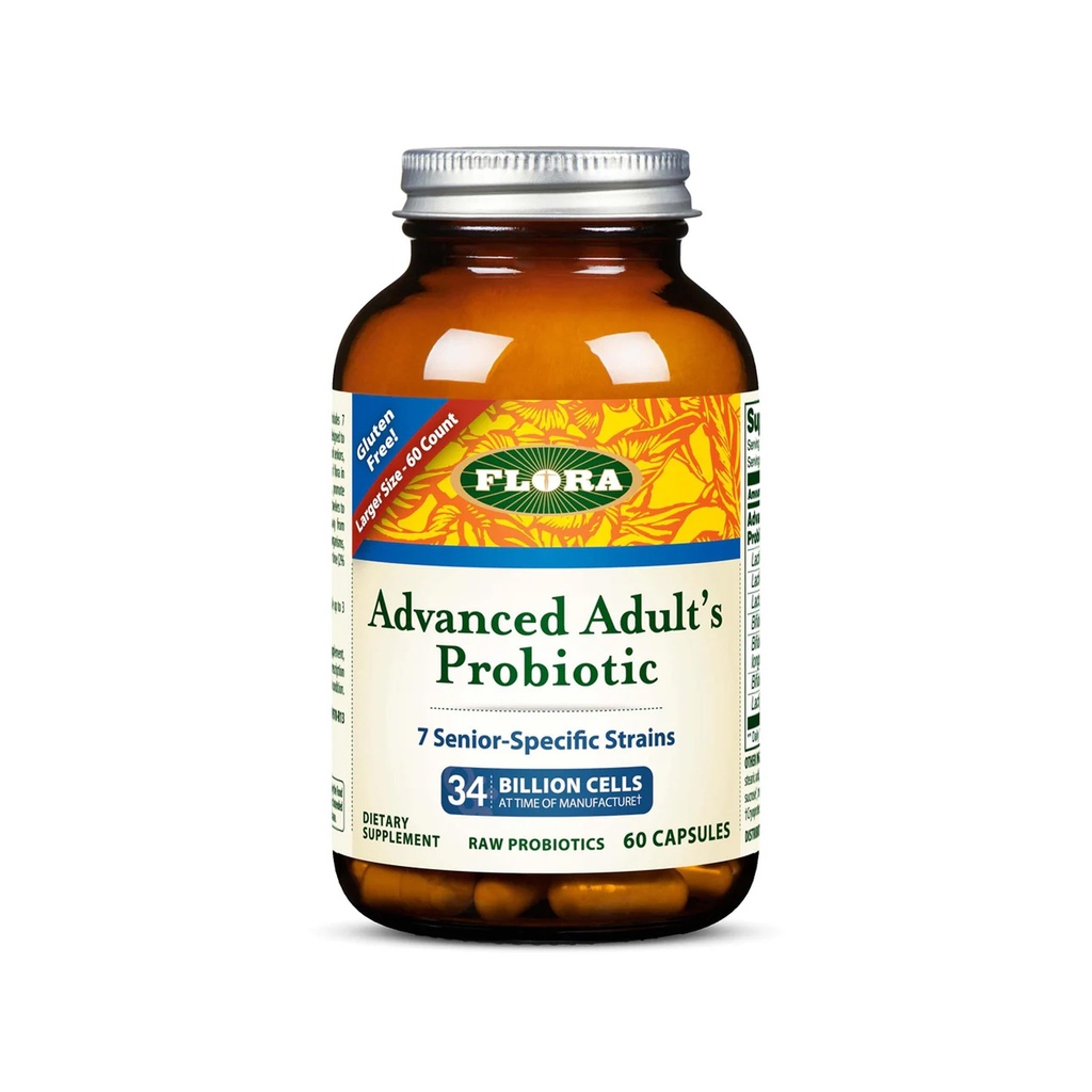 Flora - Advanced Adult's Blend Probiotic, Seven Senior-Specific Strains, Gluten Free, Raw Probiotic med 34 miljarder celler, 60 kapslar
