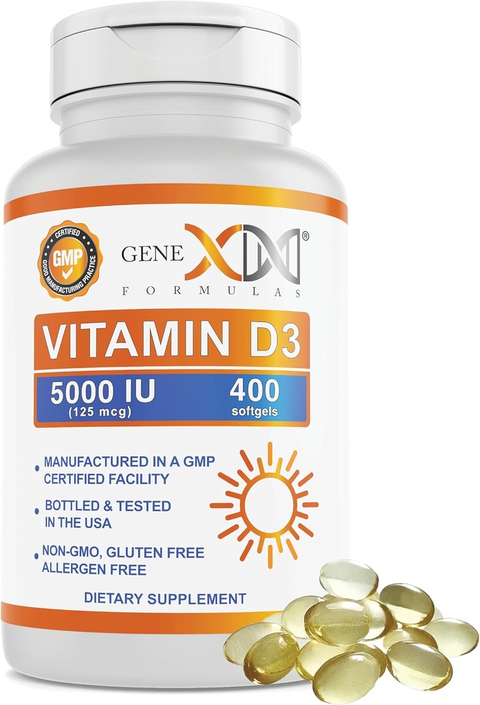 Genex Formulas Vitamin D3 5000IU (400 Softgels) Naturligt stöd för benhälsa och nervfunktion - Icke-GMO, Glutenfri, Allergenfri