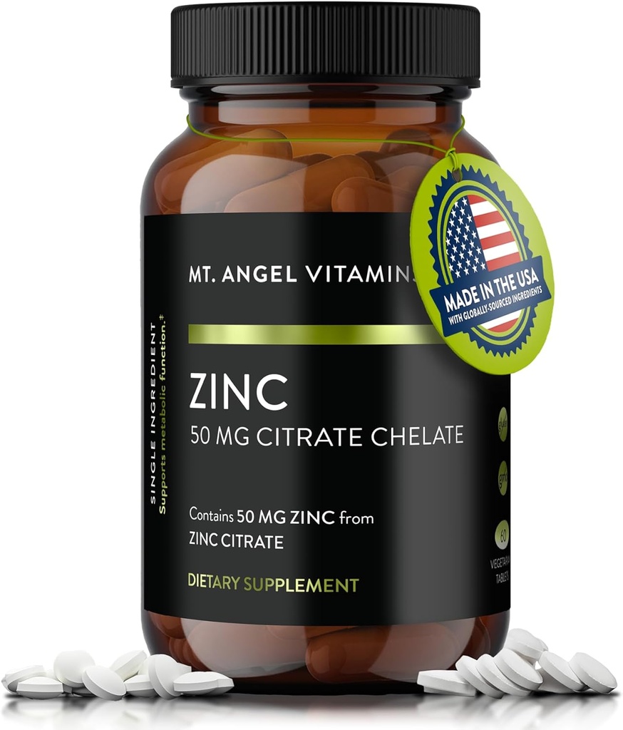 Mt Angel Vitaminer - Zink Citrate 50mg - Zink 50 mg Citrate Chelate - Naturliga zinktillskott tillverkade i USA - 60 vegetariska tabletter