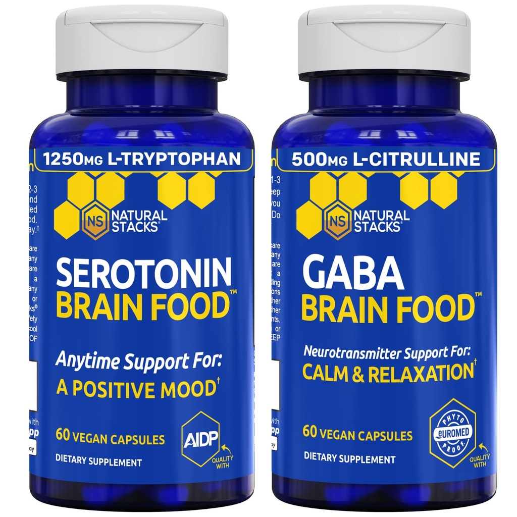NATURAL STACKS Serotonin & GABA Brain Food Bundle - Stöder en positiv humör & lugn * - 120 Totala kapslar