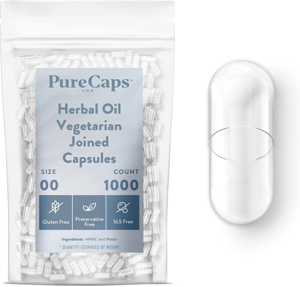 Purecaps USA - Empty Herbal Oil Vegetarian Vegan Pill Capsules Storlek 00| 1000 Joined Pills| Clear| Non-GMO Certified| SLS, Gluten, Preservative Free