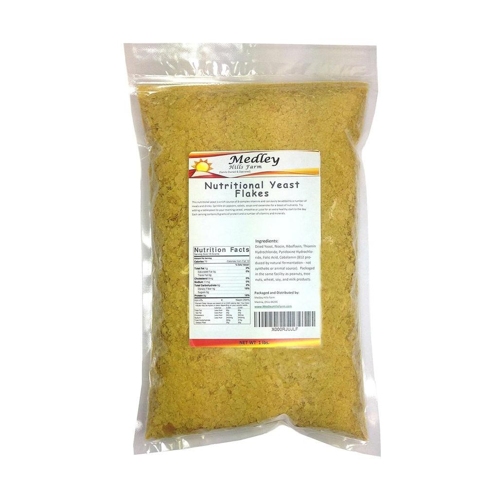 Nutritional Yeast Flakes 1 lb Fortified - Gluten Free - Non GMO - Vegan - Vegetarian Support Formel Medley Hills Farm