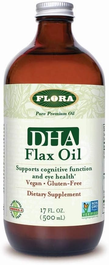 Flora DHA Flax Oil - Stöder hjärnhälsa - Innehåller Vegan Omega-3-6-9, Gluten-Free, Kosher & Non-GMO - Keep Chilled - Glass Bottle - 17 fl. oz.